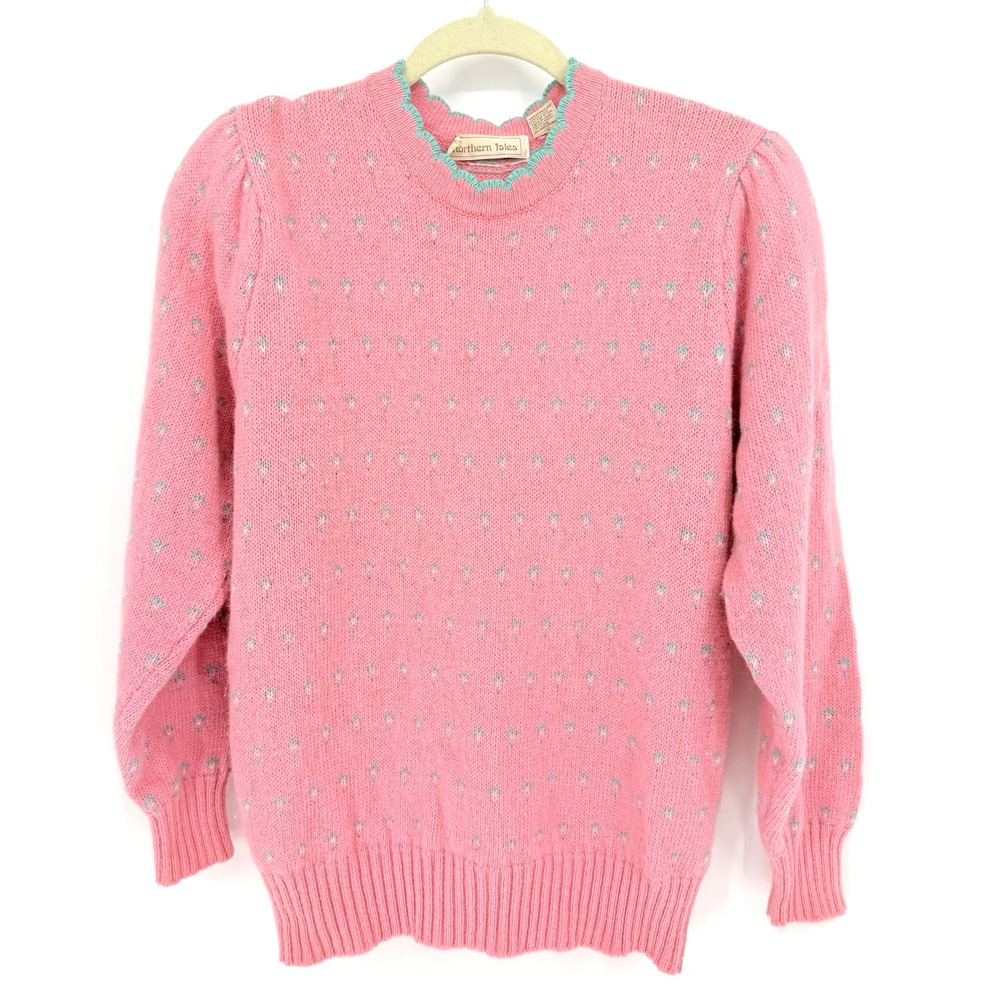 Vtg Northern Isles Pink Wool Blend Sweater Floral/Turquoise Scalloped Trim LARGE